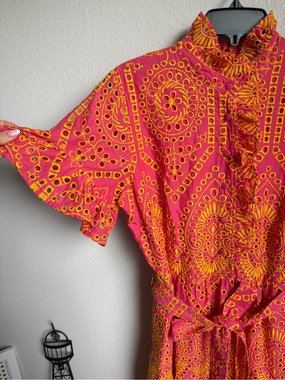 NWT Abbey Glass Sadie Maxi Dress Coral and Yellow Eyelet Sz L - Picture 7 of 13